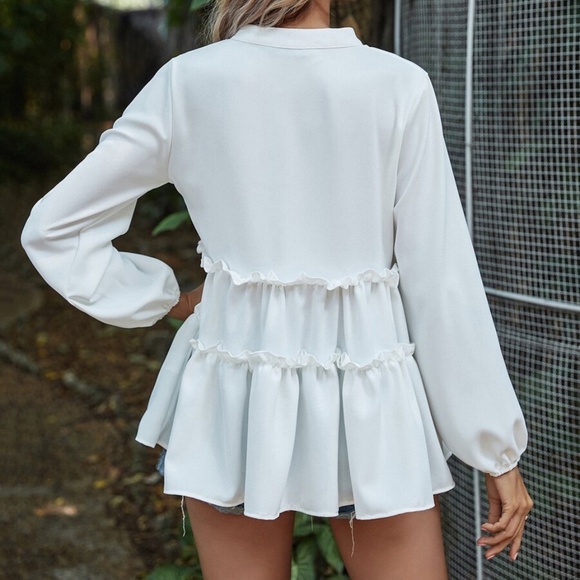 Boho Beige v neck ruffle babydoll long sleeve top - Picture 11 of 15